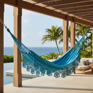 Imagem de Rede de Dormir Casal Sol a Sol, Gabardine 100% Algodão, 200kg Capacidade, Azul Turquesa, Macramê Artesanal, 4,20m x 1,60m, 3,7kg