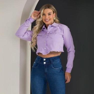 Imagem de Jaqueta Feminina Cropped Jeans Collor (Não Desbota) Fecho em Botões Manga longa elastano lycra-Feminino