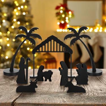 Imagem de Geelin Conjunto de 9 peças de estatuetas de presépio de Natal em miniatura de madeira preta com enfeites de mesa de Jesus para decoração interna de Natal e família sagrada (estilo clássico)