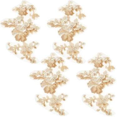 Imagem de GORGECRAFT 4 peças aplique de flor 3D com contas de lantejoulas floral remendo de renda costurado em contas de tule apliques de tule enfeite de colar para vestido de casamento, roupas, calças, jeans