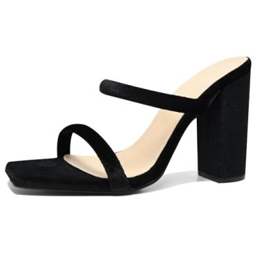 Imagem de SICARE Sandálias femininas de salto alto de veludo com duas tiras, salto alto quadrado, bico aberto, sandálias de salto confortável para mulheres elegantes, Preto, 35