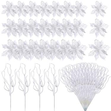 Imagem de Yinder Conjunto de 48 peças de flores artificiais de poinsétia de Natal com galhos e glitter para decoração de árvore de Natal para mesa de grinaldas, decoração de festa de Natal, casamento, feriado