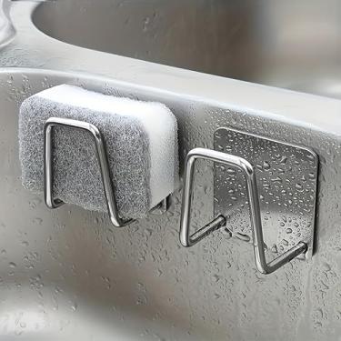 Imagem de Suporte de esponja de pia de aço inoxidável de 2 peças - Organizador de cozinha autoadesivo sem broca, resistente à ferrugem para esponjas e panos de louça, acessório de bancada que economiza espaço