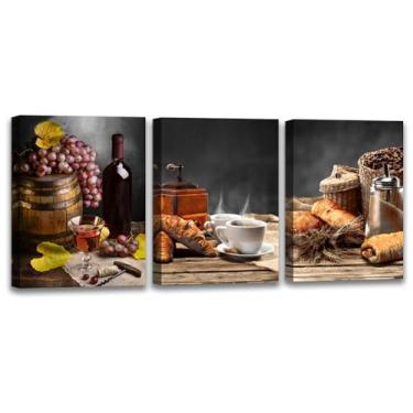 Imagem de Acocifi Arte de parede em tela de cozinha, pinturas de café e vinho tinto, imagens vintage de fazenda, pão, uvas, frutas, impressões, obras de arte emolduradas para sala de jantar, bar, decoração de