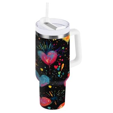 Imagem de ATTX Copo de tinta Love de 850 g com alça, copo de aço inoxidável a vácuo de parede dupla com palha, caneca de café de viagem isolada #630