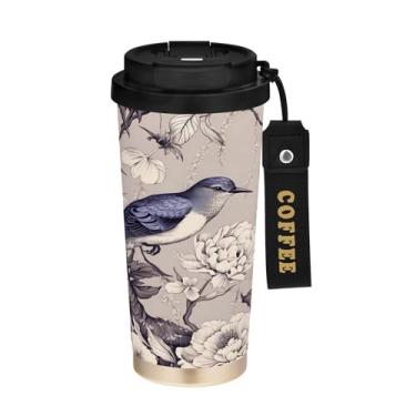 Imagem de SEHANY Caneca de café de viagem Flores e pássaros de 482 g com tampa revestida de cerâmica e à prova de vazamento, parede dupla, copo de aço inoxidável isolado a vácuo para bebidas quentes e frias
