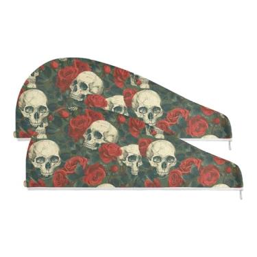 Imagem de SEHANY Toalha de cabelo de microfibra rosa e caveira para mulheres, 2 peças, turbantes de cabelo de secagem rápida com botão, touca de cabelo seco absorvente toalha de secagem de cabelo para cabelos