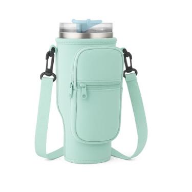Imagem de Bolsa Porta Garrafa, Squeeze, Copo Térmico Com Alça Ajustável Shoulder Bag com bolso para celular, de neoprene, com alça ajustável, tampa para canudo e mosquetão (Verde Claro)