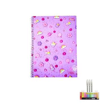 Imagem de Kit Caderno Universitário Vibe Feminino 10M 160F + Caneta Trigel Branca 0.8mm + Marca Texto Boss 15 Cores