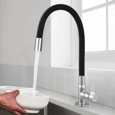 Imagem de Torneira Gourmet de Cozinha para Bancada - Bica Alta Flexível Silicone Preto, Corpo Cromado, Acionamento 1/4 Volta