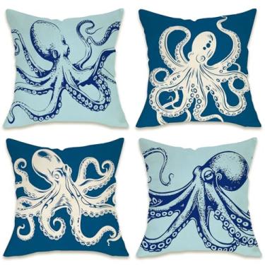 Imagem de Fahrendom Capas de almofada decorativas com tema de polvo, 45,7 x 45,7 cm, conjunto de 4, azul litoral, praia, oceano, vida marinha, varanda e pátio, capa de almofada para sofá, criatura marítima
