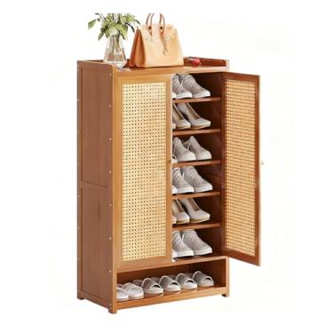 Imagem de SPXMQSS Armário de sapatos com portas, armário de armazenamento de sapatos grande de 7/8 níveis para entrada de bambu, sapateira independente para corredor, sala de estar, quarto, armário marrom 60 x