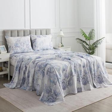 Imagem de Puralens Jogo de lençol queen azul floral aconchegante casa percal, 100% algodão, flor branca, bolso profundo, vintage, abstrato, estético, macio, crisp, lençol de cama de casa de fazenda, 4 peças