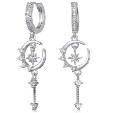 Imagem de Yolev Brincos de argola de estrela e lua para mulheres, brincos de argola delicados, banhados a prata, zircônia cúbica, brincos pendurados para mulheres, estilo espacial, joias