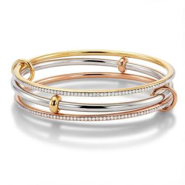 Imagem de Musishiyu Pulseiras de ouro para mulheres, conjunto de pulseiras de aço inoxidável tricolor, pulseiras de tênis de zircônia cúbica de ouro rosa prata, punho empilhável de 3 a 5 camadas, presente de