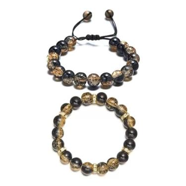 Imagem de Pulseira de contas de cristal curativo de 2 peças de 10 mm | Design unissex elástico ajustável | Presente de joias de trama de pedras preciosas naturais para mulheres e homens, One Size, Cristal, Sem