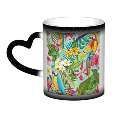 Imagem de Copo de café divertido com plantas e papagaios tropicais, copo de cerâmica que muda de cor sensível ao calor 12 Oz, para café/chá/leite/cacau, para adolescente/aniversário/festival/presentes
