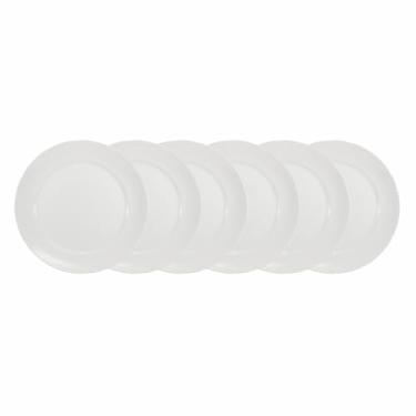 Imagem de Estojo com 6 pratos rasos. Modelo redondo izabel.branca. Fabricado pela porcelana schmidt. A legítima porcelana desde 1945. Qualidade beleza e resistência.