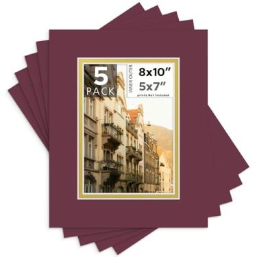 Imagem de Tapete central para placa, pacote com 5, 28 x 35 cm para fotos de 20 x 25 cm, tapetes duplos - sem ácido, espessura de 8 camadas, núcleo branco - para fotos, molduras (marrom sobre ouro)