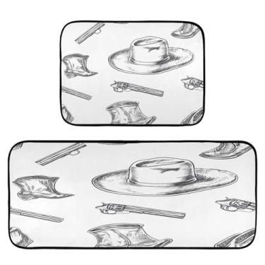 Imagem de Qilmy Tapete de cozinha com chapéu e arma de cowboy norte-americano, 2 peças, tapete de entrada frontal, antiderrapante, alivia a fadiga, lavável, tapete para cozinha, quarto, varanda421