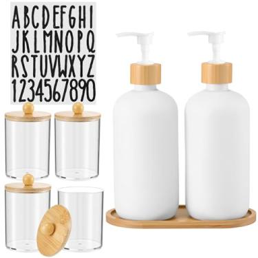 Imagem de Qinyoung Conjunto de 7 unidades personalizáveis de dispensador de sabão e organizador de banheiro, 2 dispensadores de vidro branco com 4 recipientes de bambu e etiquetas DIY, armazenamento de bancada