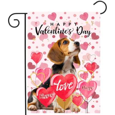 Imagem de Beagle Bandeira de jardim dos namorados bandeiras de dia dos namorados para fora 12x18 bandeiras de quintal pequeno dupla face cachorro decoração de dia dos namorados gramado ao ar livre faixas de dia