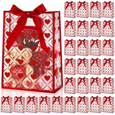Imagem de Hillban Pacote com 30 sacos de presente de coração dos namorados com alças 26 x 18 x 8 cm, sacos de plástico para doces com laços de fita para embrulhar presentes, casamentos, aniversários, formaturas