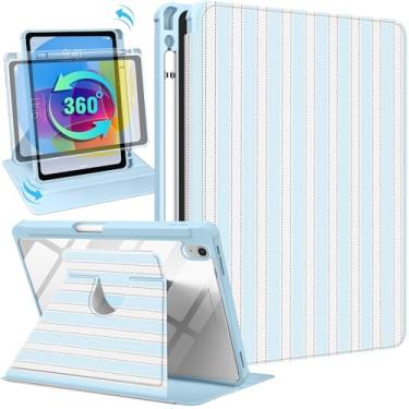 Imagem de Uppuppy Capa para iPad A16 para iPad 10ª geração, capa inteligente com suporte giratório de 360 graus com suporte para lápis para mulheres e meninas, listras azuis e brancas para Apple 10th 2022/11th
