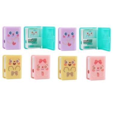 Imagem de Apontador de lápis de livro bonito multicolorido para dois fins, borracha, estudante de desenho animado bonito, com borracha, apontador de lápis (8 peças)