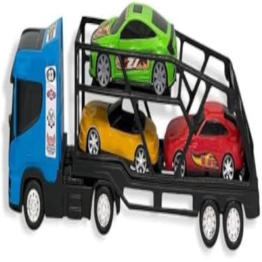 Imagem de Veiculos de brinquedo de transporte em azul, com tres carros, resistente.