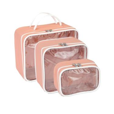 Imagem de Necessaire Impermeável Transparente com Zíper, Azul, PVC, Kit 3 Peças (P 10x7x15cm, M 19x10x19cm, G 20x12x25cm), com Alça (Rosê)