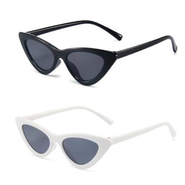 Imagem de JINHUIBBA Óculos de sol Cat Eye para meninas, retrô, vintage, estreito, para crianças, para férias na praia ao ar livre, Branco + preto, tamanho �nico