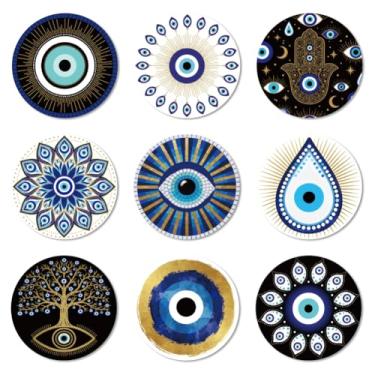 Imagem de ANATTASOUL Conjunto de 9 porta-copos de madeira coloridos com padrão de olhos turcos, presente de inauguração de casa redonda para casa nova, proteção de mesa de centro decorativa de 9,9 cm para