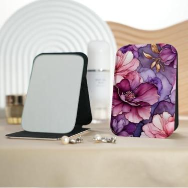 Imagem de Espelho de maquiagem portátil série de flores frescas de pintura a óleo, mini espelho de maquiagem portátil dobrável, espelho de contorno quadrado portátil com flip vertical, adequado para todos em