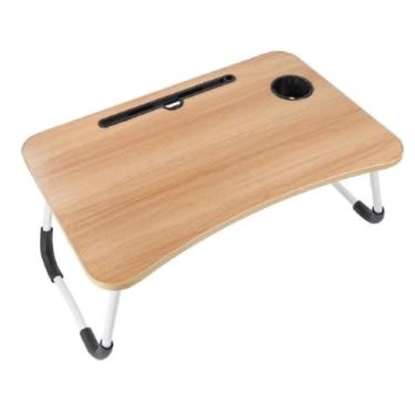 Imagem de Mesa Portátil para Notebook Dobrável, com Suporte para Tablet, Porta Copos e Caneta, Madeira e Aço Inox, 60x25x40cm, Pés Emborrachados