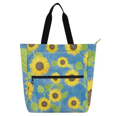 Imagem de Sacola de lona azul girassol vibrante para mulheres, bolsa escolar de lona de trabalho com zíper para uso diário, presente para amantes de livros