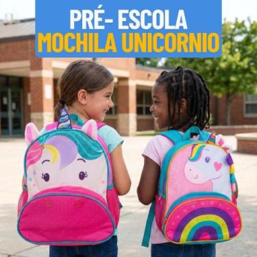 Imagem de Mochila Escolar Menina Unicórnio Arcoíris Colorida Tamanho Ideal Crech