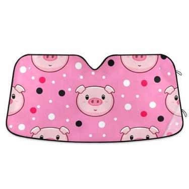 Imagem de Toldo de sol rosa macio com rostos de porco de desenho animado personalizado para para-brisa de carro engraçado retrátil dobrável para-brisa frontal impressão animal automotivo M, 139,7 cm x 70,1 cm