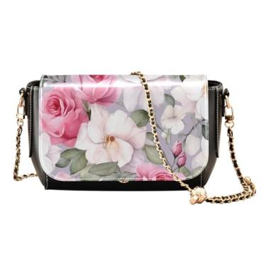 Imagem de GAIGEO Bolsa de ombro feminina de couro com rosas azuis e flores verdes, alça ajustável, Flor de rosas em aquarela - 1, One Size