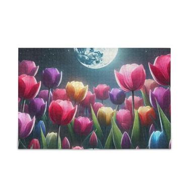 Imagem de Tulipas sob o luar jogo de quebra-cabeça preto para casa, arte de parede para adultos, famílias, tamanho final 75 x 50 cm