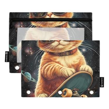 Imagem de GAIGEO Engraçado gato gatinho fofo 3 anéis pasta lápis bolsa zíper fichário lápis crianças pasta transparente caneta estojo tecido escolar 25 cm x 18 cm, 2 pacotes