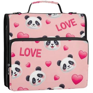 Imagem de 3 fichários para fichários de 3,5 cm Anel D fofo com rostos de panda com zíper, fichário organizador com alça, bolsa escolar profissional, estojo portfólio de armazenamento com alça, 34,5 x 31,5 x 9