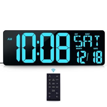 Imagem de KMMKGG Relógio de parede digital 17,2 com tela grande, relógio de parede LED com data e temperatura, temporizador com controle remoto, alarme de brilho ajustável (azul gelo)