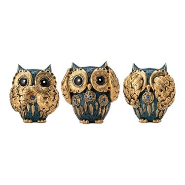 Imagem de TOHLUCS Estatuetas decorativas de coruja "See No Evil Hear No Evil Speak No Evil Speak", conjunto de 3, decoração azul com olho turco. 3 estátuas de coruja sábia. (azul)