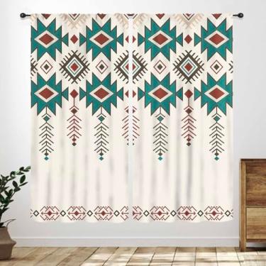 Imagem de Cortinas astecas ocidentais, boho padrão abstrato do sudoeste geométrico vintage verde vermelho asteca cortinas de tratamento para quarto, sala de estar, cozinha, 2 painéis, 132 x 213 cm