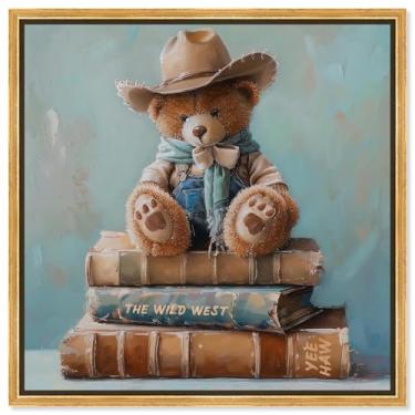 Imagem de Art Remedy Cowboy Teddy Books Canvas Kids Art Prints, moldura dourada, 61 cm x 61 cm