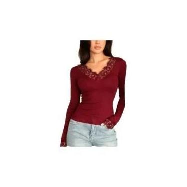 Imagem de Blusa Feminina De Cor Sólida Com Decote Em V E Detalhes Em Renda, Top 