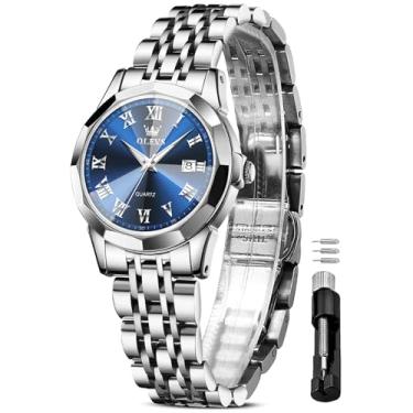 Imagem de OLEVS Relógio feminino de luxo, à prova d'água, prata, analógico, quartzo, aço inoxidável, relógios de pulso casuais para mulheres, rosto pequeno, com data para mulheres, Azul-L9990, round