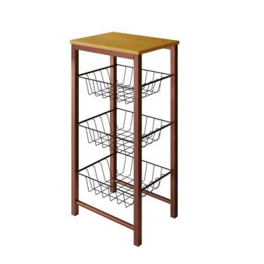 Imagem de Fruteira de Chão Cozinha Montada Aço Cobre Tampo Canela Cesto Preto Ro