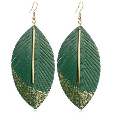 Imagem de Brinco de couro genuíno leve e macio feito à mão, com pingente de folha de penas de couro legítimo brilhante, brincos de gancho de folha grande com barra de metal simples para mulheres, joias de
